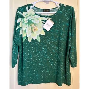 Bob Mackie Wearable Art Green Floral Splatter 3/4 Sleeve Top XL NWT A347432